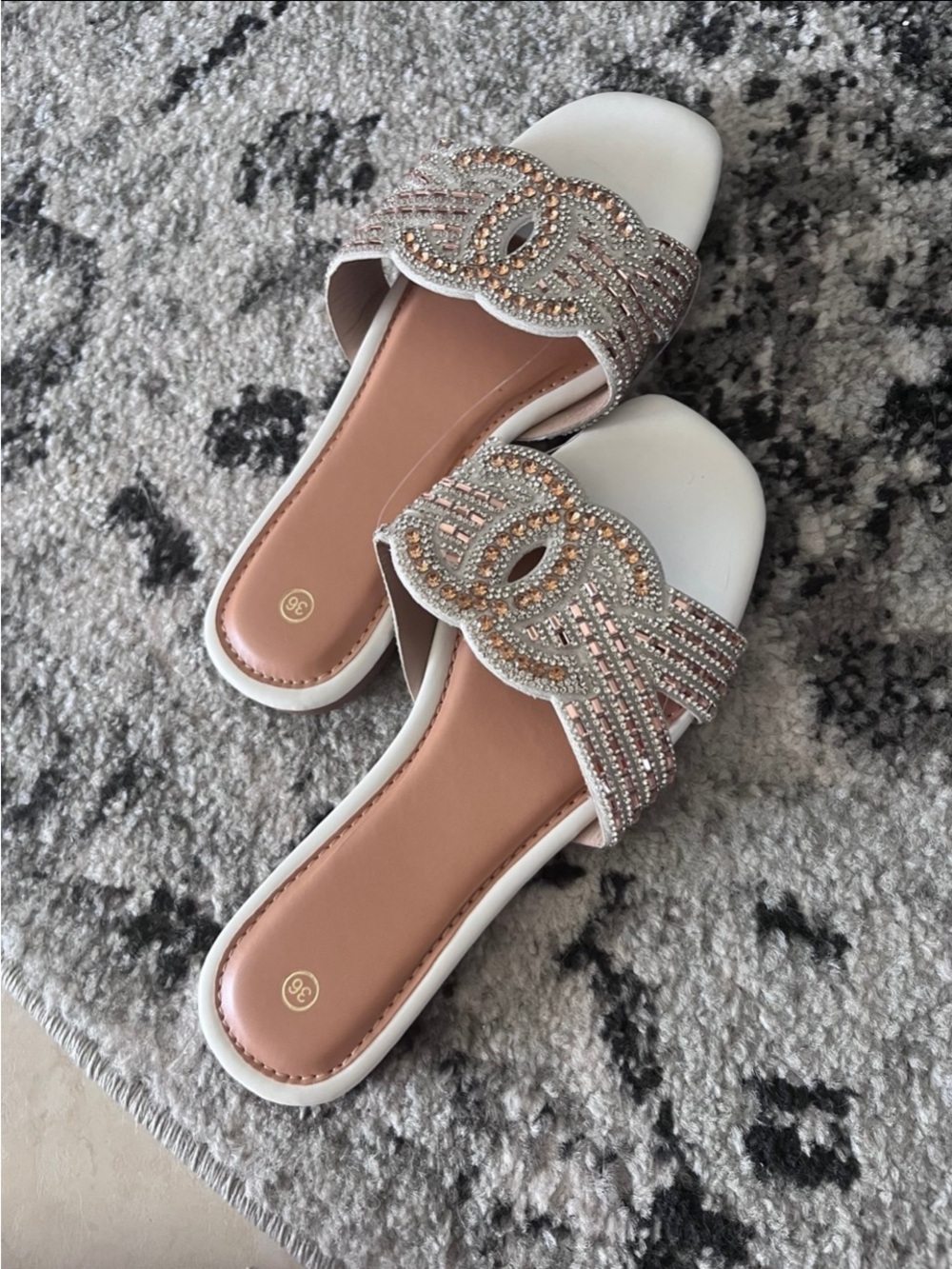 Embellished White Slide Sandals with Rose Gold Beading
